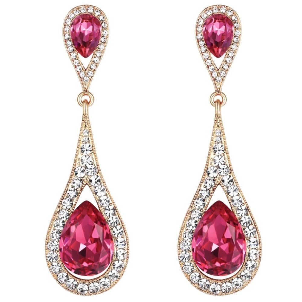 Yellow Gold with Fuchsia and Diamond Austrian Crystal Dual Teardrop Earrings
